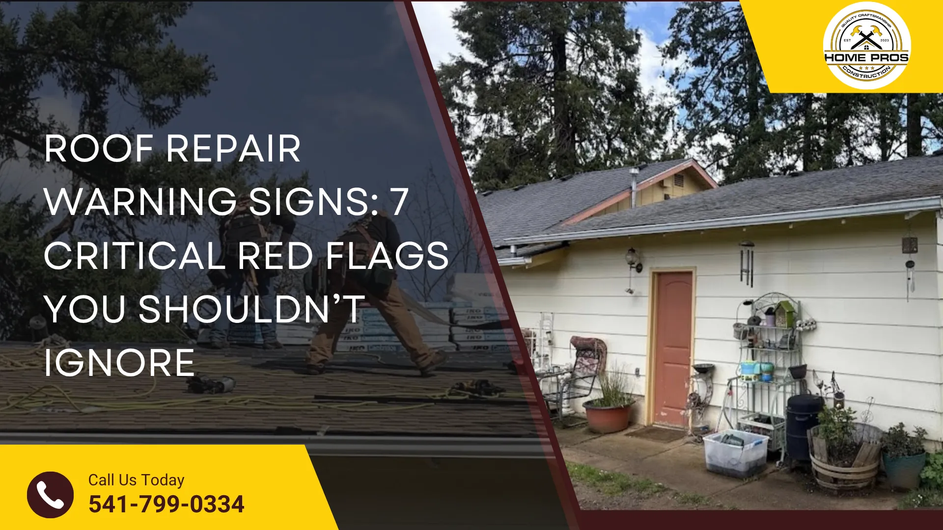 Roof repair warning signs graphic showing a roofer at work and a house exterior with visible maintenance needs.