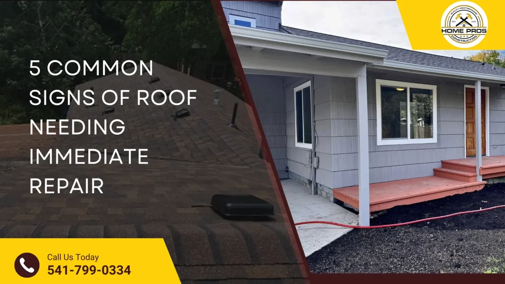 Common signs of roof damage comparison showing old damaged home exterior and shingle roof with contact information for Home Pros Construction.