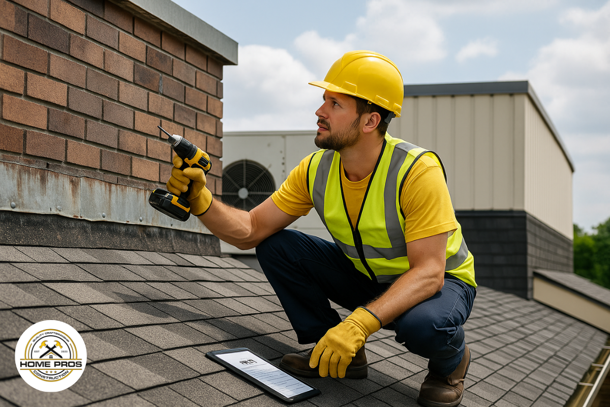Professional roofers repairing a commercial flat roof under sunny Oregon skies, using modern tools and safety gear in gold and black tones, showcasing Home Pros Construction’s reliable roof repair expertise.