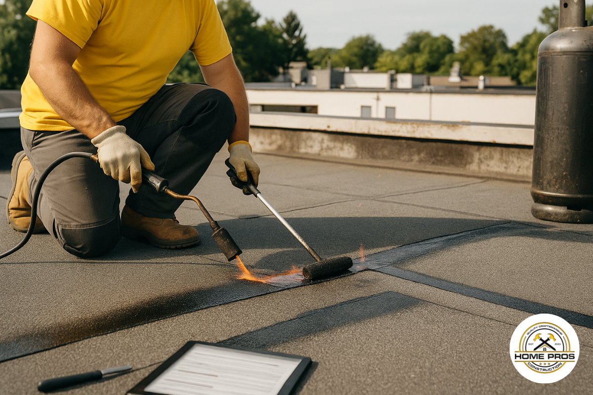 Professional roofers repairing a commercial flat roof under sunny Oregon skies, using modern tools and safety gear in gold and black tones, showcasing Home Pros Construction’s reliable roof repair expertise.