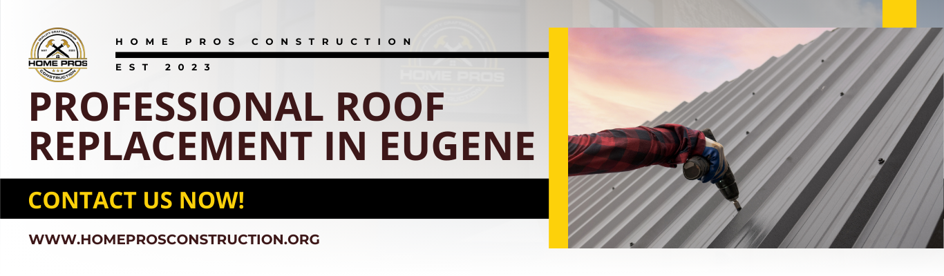 professional roof replacement eugene ad with drill on metal roof and contact info