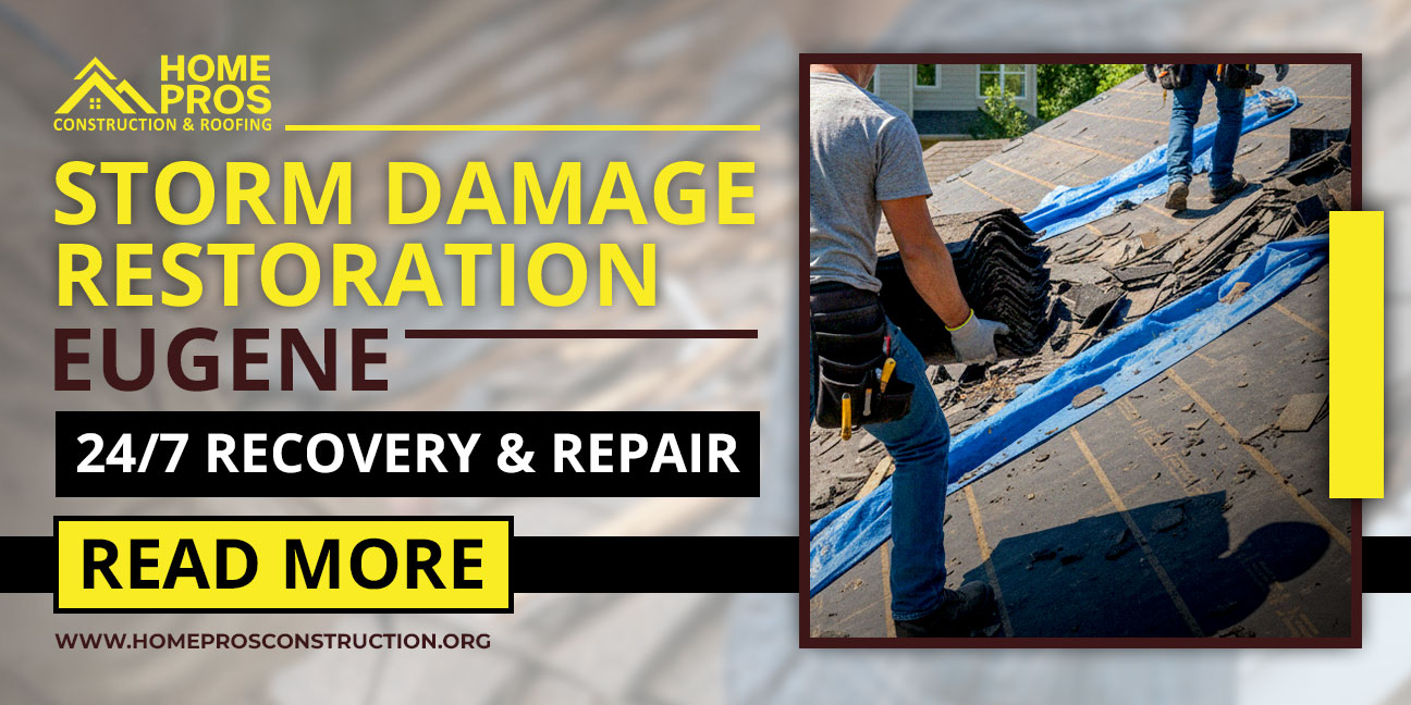 Storm damage restoration Eugene: Home Pros Construction & Roofing offers 24/7 recovery and repair for storm-damaged roofs.
