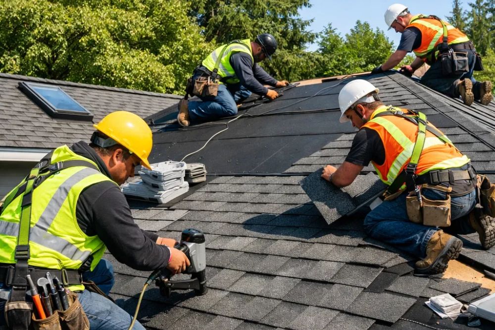Expert Roofing Contractor Eugene crew installing high-quality asphalt shingles on a residential home.