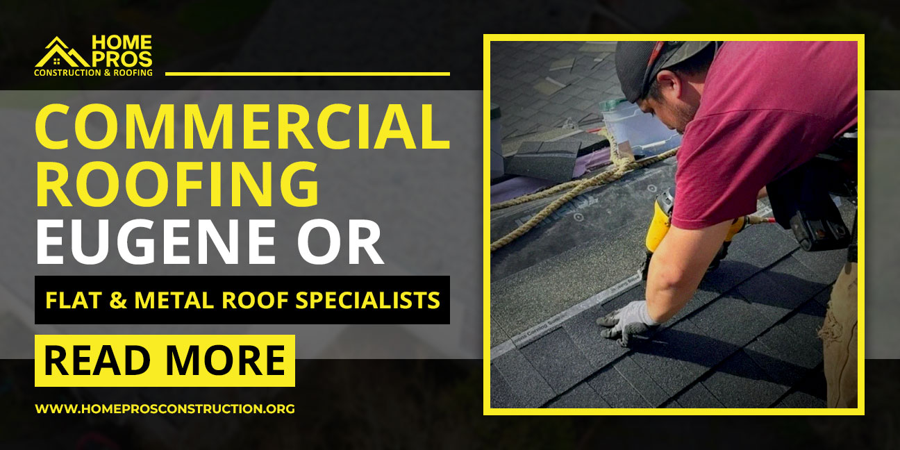 Commercial roofing in Eugene Oregon: A construction worker installs dark shingles on a roof. Specializes in flat & metal roofs.