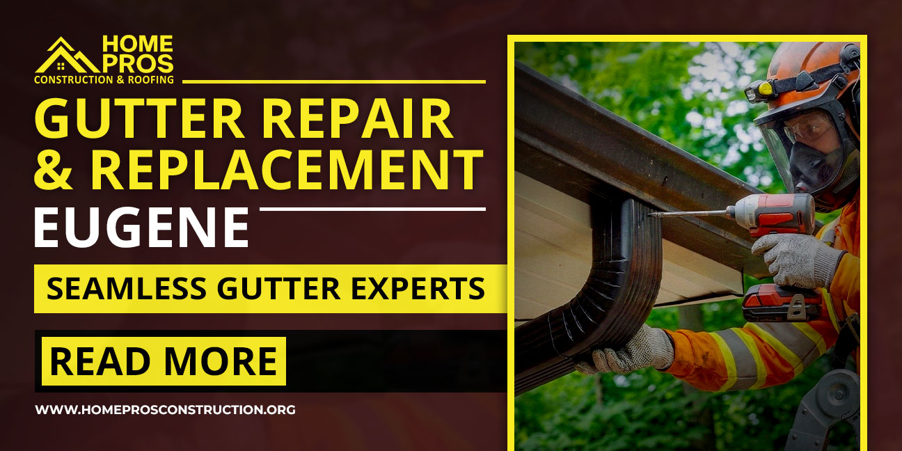 Gutter repair and replacement Eugene Oregon: A construction worker installs a seamless gutter under the eaves of a building.