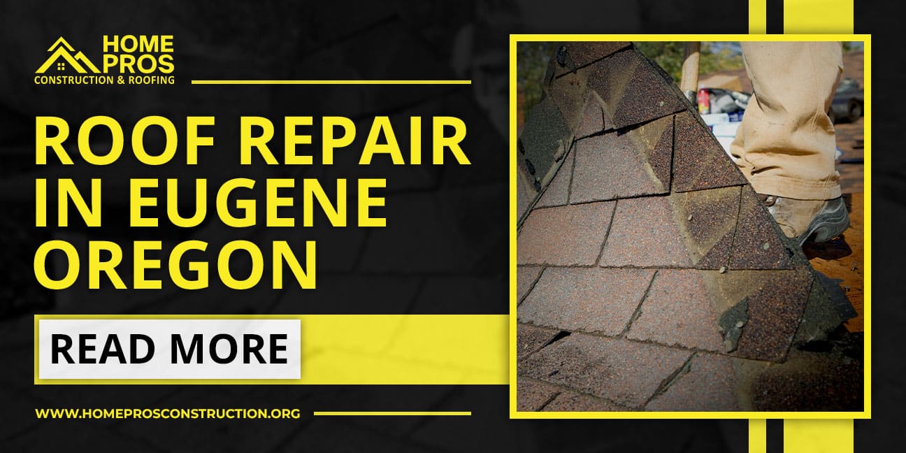 Roof repair in Eugene Oregon: A close-up view of damaged asphalt shingles on a roof with a worker's leg visible.