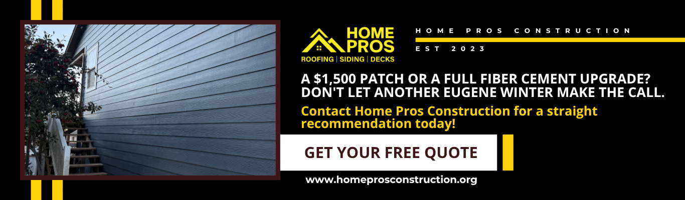 Eugene siding repair vs full replacement banner comparing costs and offering a free siding replacement cost quote